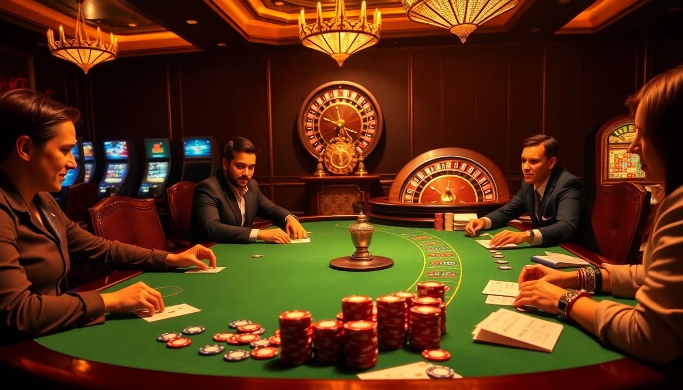 Engaged players at a CM88-themed casino table, showcasing vibrant poker chips and an exciting atmosphere.