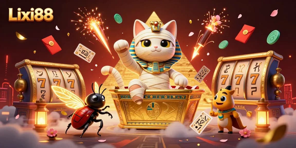 Lixi88 offers thrilling casino action with a cartoon mummy cat, slot reels, and vibrant game elements.