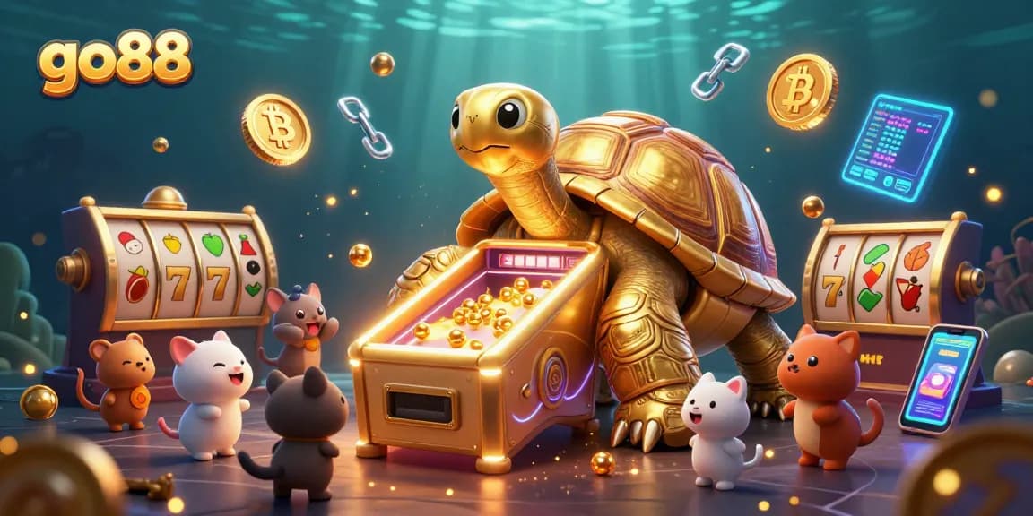 Experience the excitement of go88 as the golden tortoise entertains with slots, coins, and vibrant gaming elements.