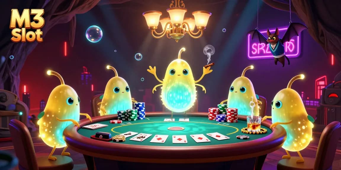 Join the excitement of M3 Slot with the vibrant glowworm-themed cave casino illuminating poker action.
