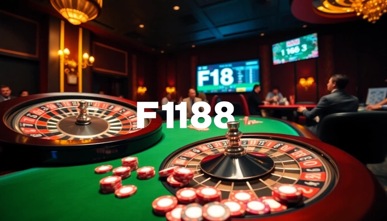 F168 casino scene with vibrant roulette wheel and engaged players enjoying high-stakes games.
