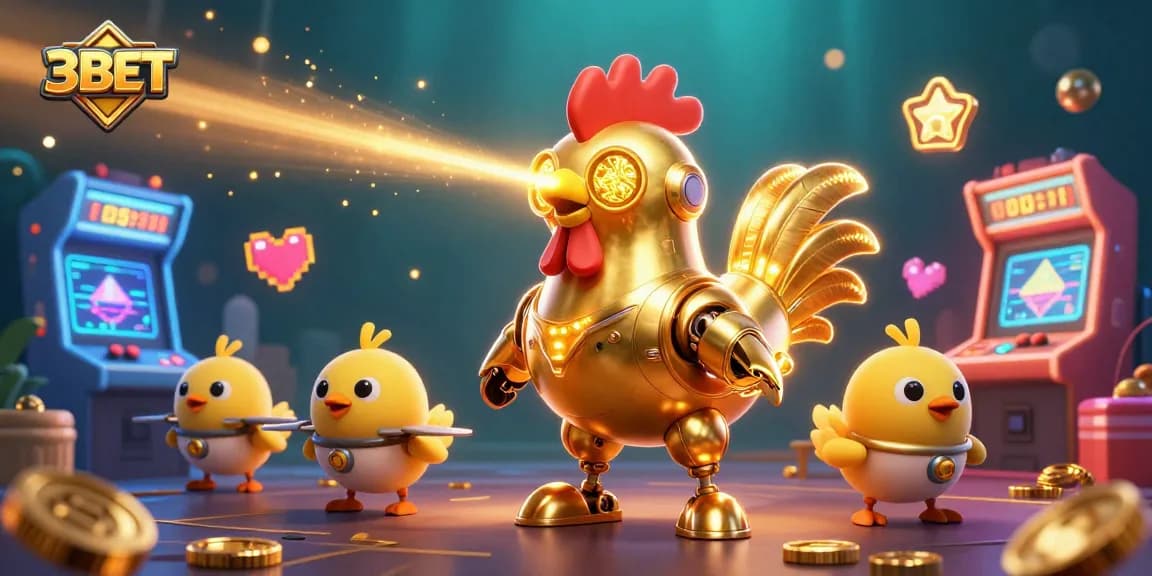 Engage in thrilling bets at 3BET's vibrant casino adventure with golden rooster robot and baby chick drones.
