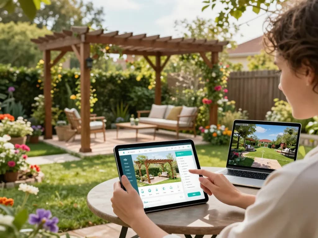 Pergola sales software in action, showcasing customizable designs in a vibrant garden setting.