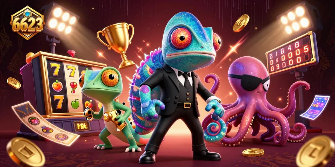 Players experience thrilling slots at 6623 with an exciting 3D casino illustration.
