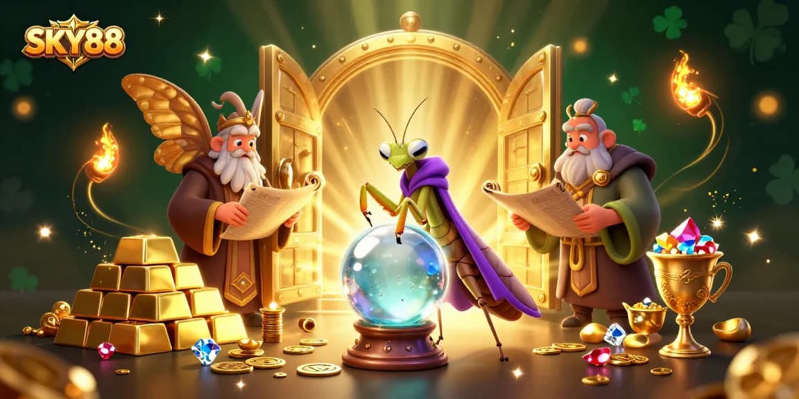 Experience thrilling games at SKY88 with a vibrant 3D illustration featuring fortune teller elements.