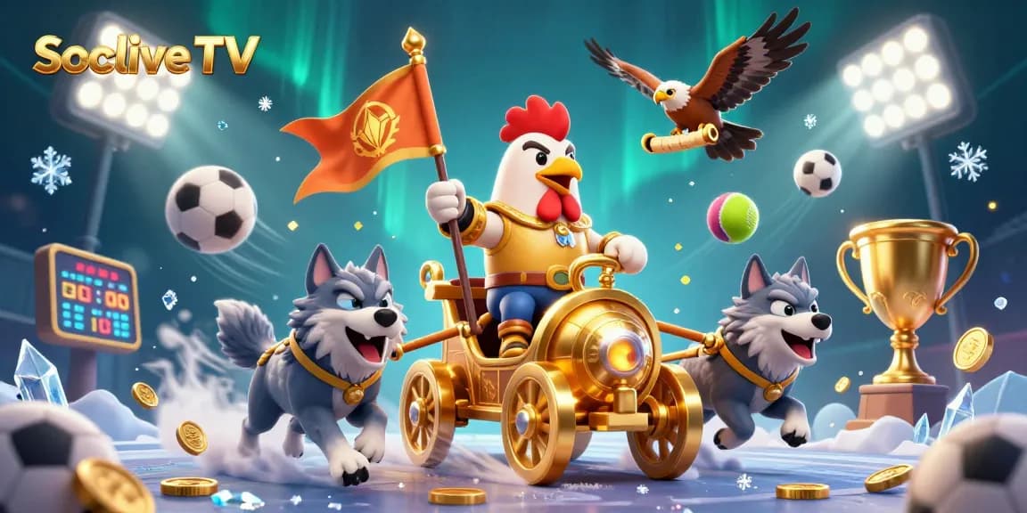 Socolive TV showcases an energetic scene with a cartoon rooster warlord and sports elements for live betting excitement.