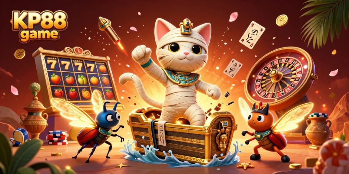 Engage in the KP88 game with a thrilling 3D scene featuring an Egyptian mummy cat and jackpot slots.