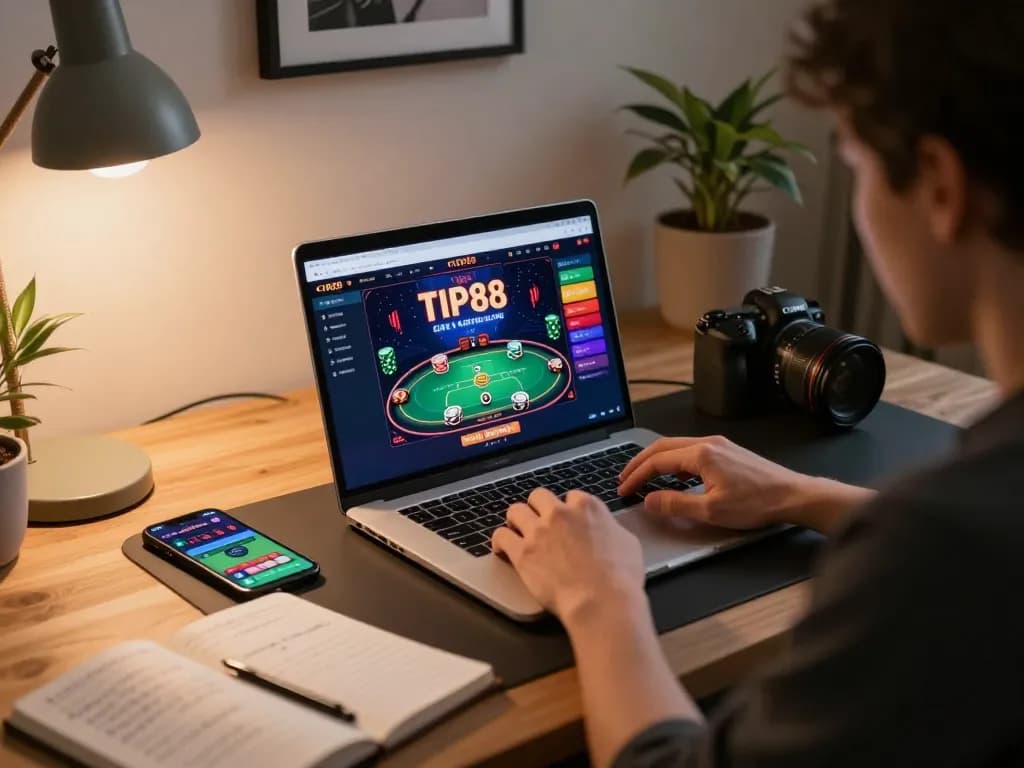 Engaged player using TIP88 online casino interface on a laptop, showcasing strategic gameplay.