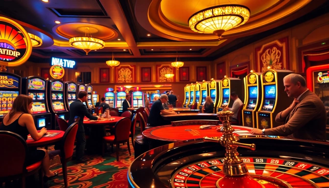 Players enjoying exciting games at NHATVIP Casino, including poker and slots, in a vibrant setting.
