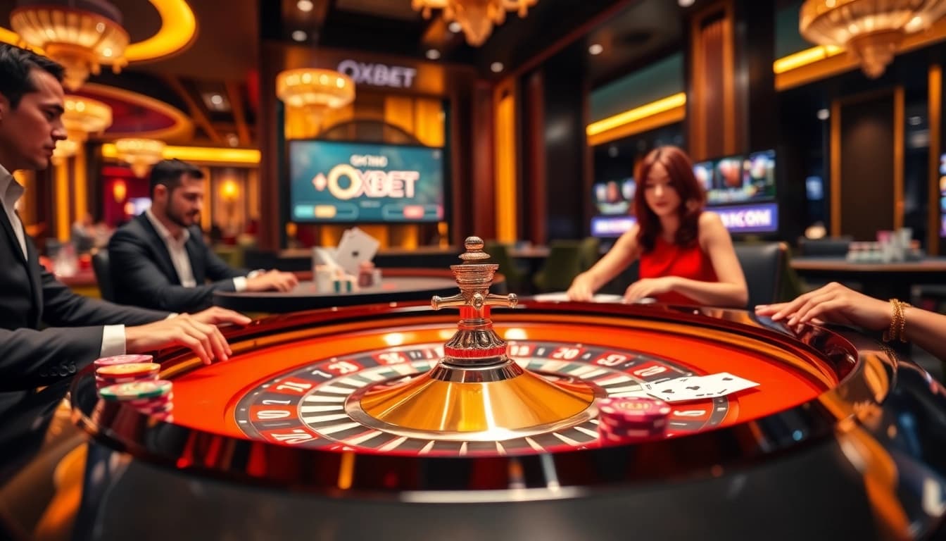 Players enjoying a thrilling roulette game at OXBET casino, highlighted with poker chips and cards.