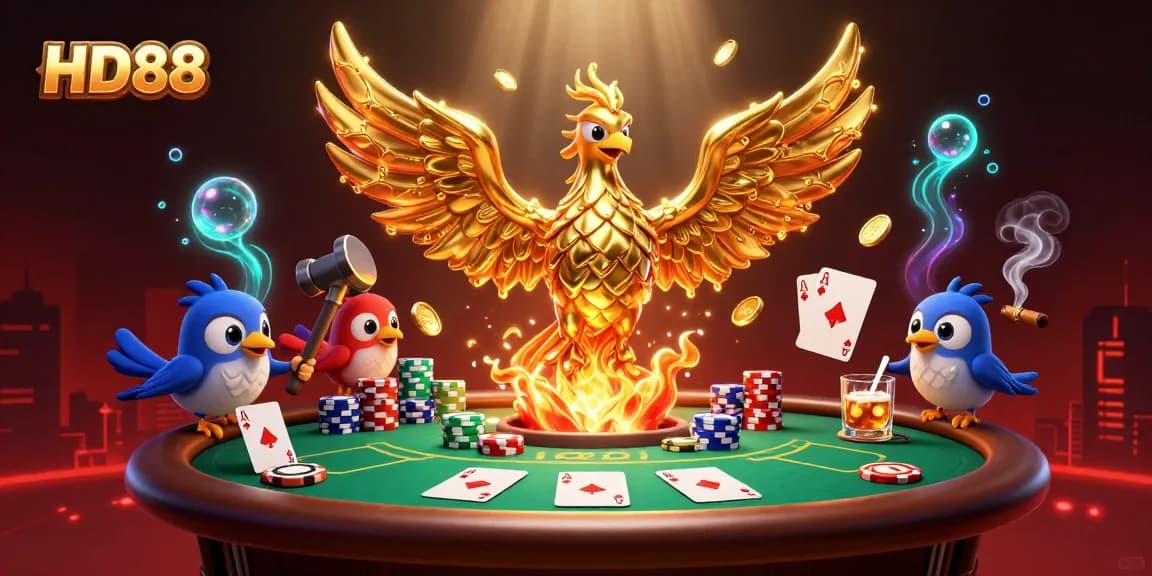 Experience thrilling wins at HD88 with golden phoenix, poker elements, and vibrant casino action.