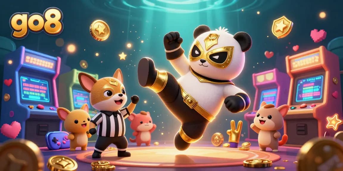 Experience exciting gameplay at go8 with a panda wrestler flying through golden coins and cheerful fans.