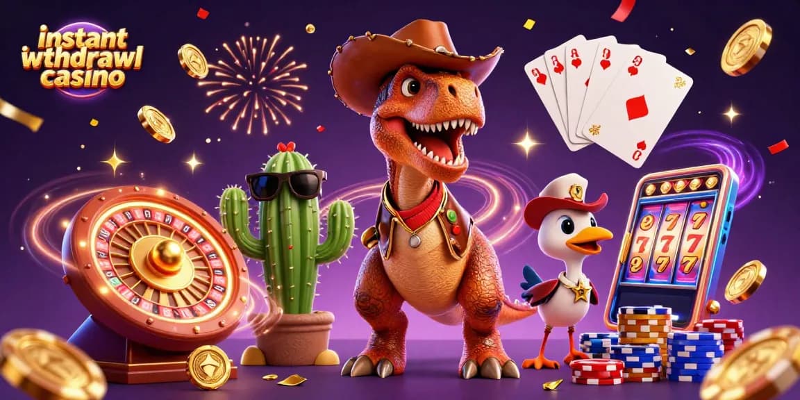 Experience the thrill of instant withdrawal casino action with a dynamic 3D illustration featuring a cowboy T-Rex and friends.