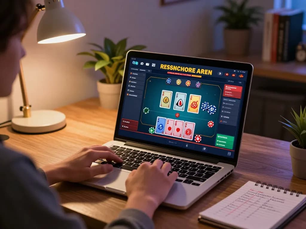 Player enjoying nhà cái rr88 at home using a laptop for online gaming action with dynamic interface.