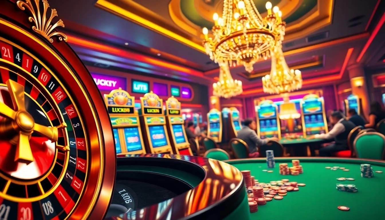 Feel the excitement of winning at LUCKY88 with vibrant casino gaming tables and slot machines.