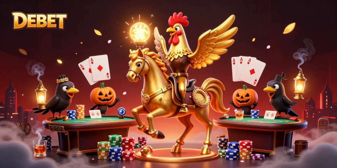 Experience exhilarating casino action with DEBET, featuring a golden rooster and poker elements.
