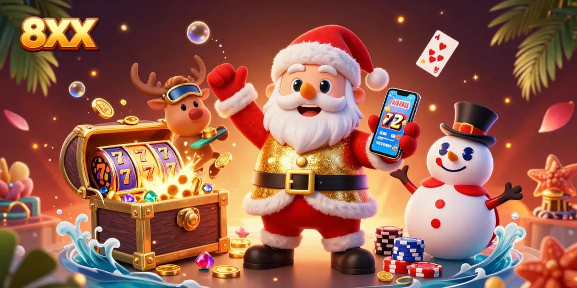 Experience thrilling slots with 8XX as Santa and his friends celebrate in a dynamic casino scene.