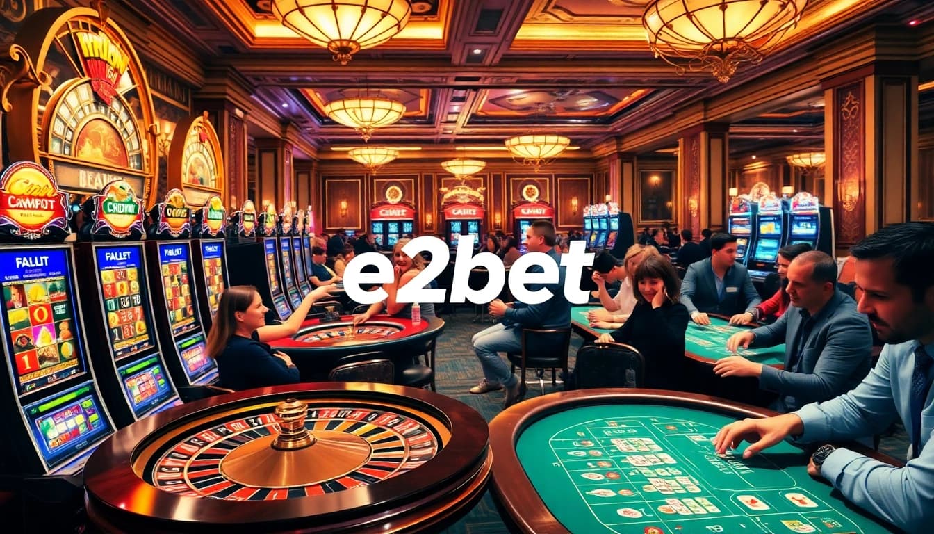 Engaged players enjoying e2bet games at a luxurious casino with vibrant slot machines and roulette.