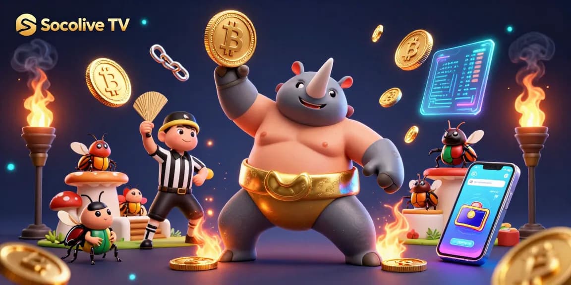 Socolive TV showcases a vibrant 3D scene of a beetle sumo champion stomping coins, depicting action in sports betting.