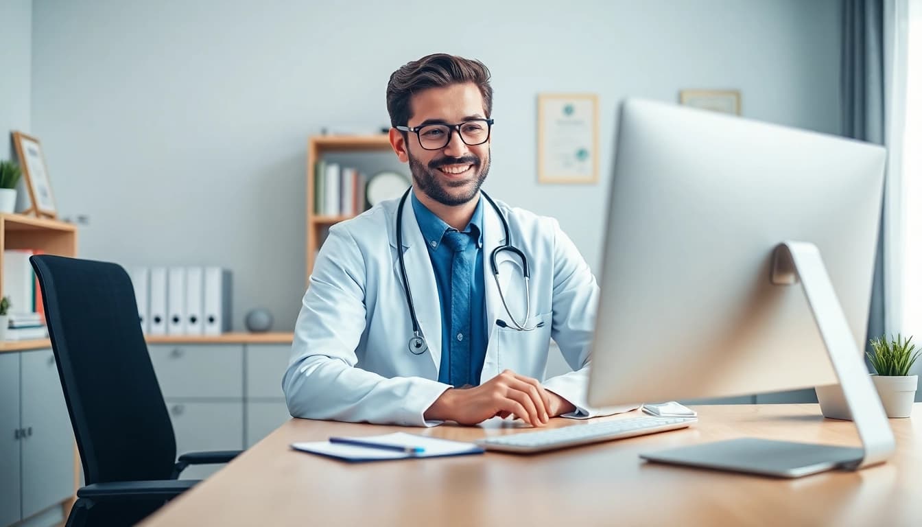 Engage in a fast telehealth consultation online with a friendly doctor in a modern office setting.