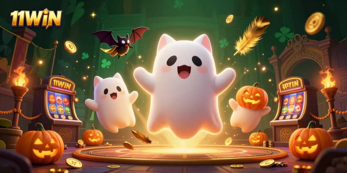 Engage in the thrilling world of 11WIN with a playful ghost cat and a vampire bat in a vibrant casino scene.