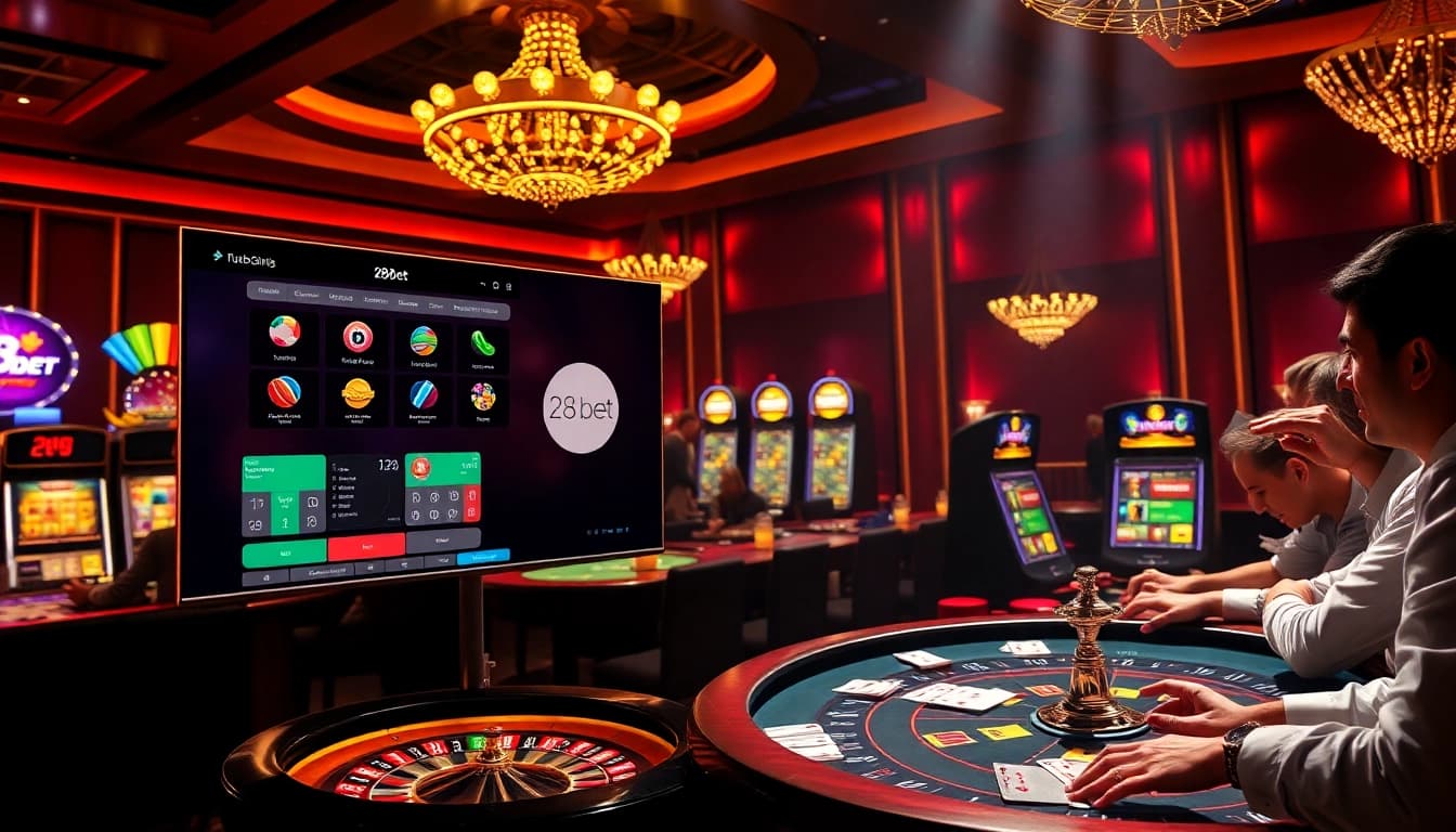 Experience the excitement of betting at 28bet with a lively casino scene filled with vibrant tables.