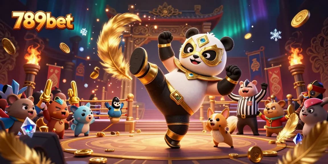 Experience thrilling action at 789bet with a panda wrestler and chihuahua referee in a vibrant casino scene.