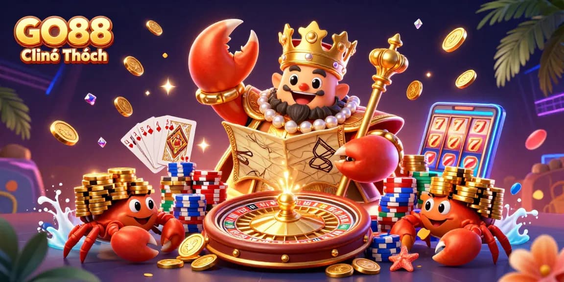 Experience thrilling gameplay at GO88 Chính Thức with a golden crab emperor amidst gaming elements.