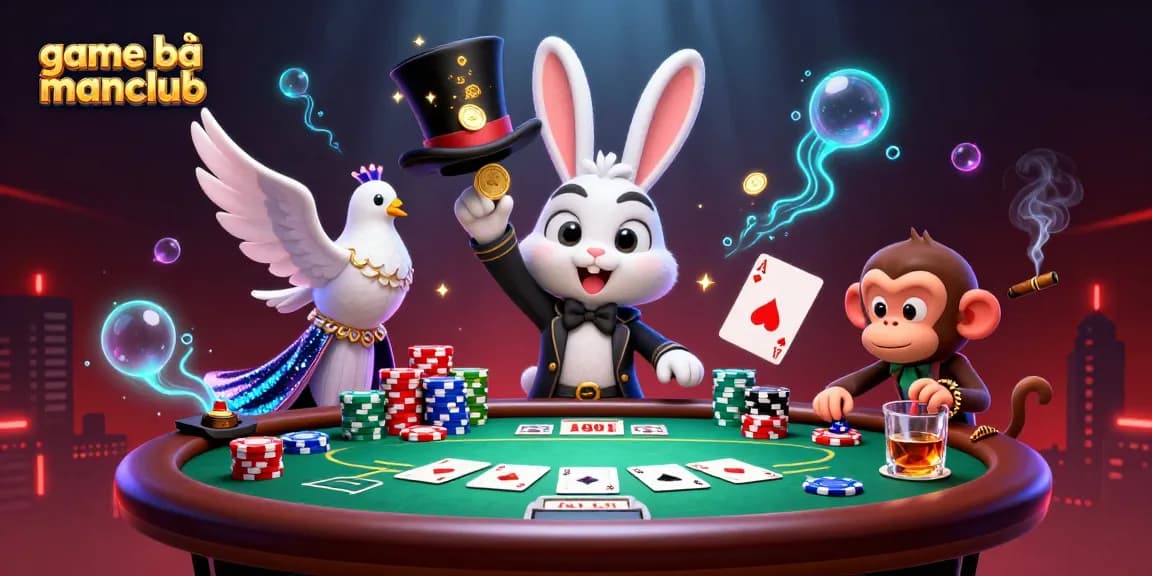 Engage with thrilling game bài manclub as a magician rabbit conjures coins amid poker chips.