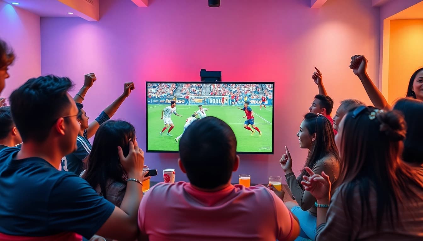 Excited fans enjoying a live football match on Luongsontv, showcasing vibrant energy and community spirit.