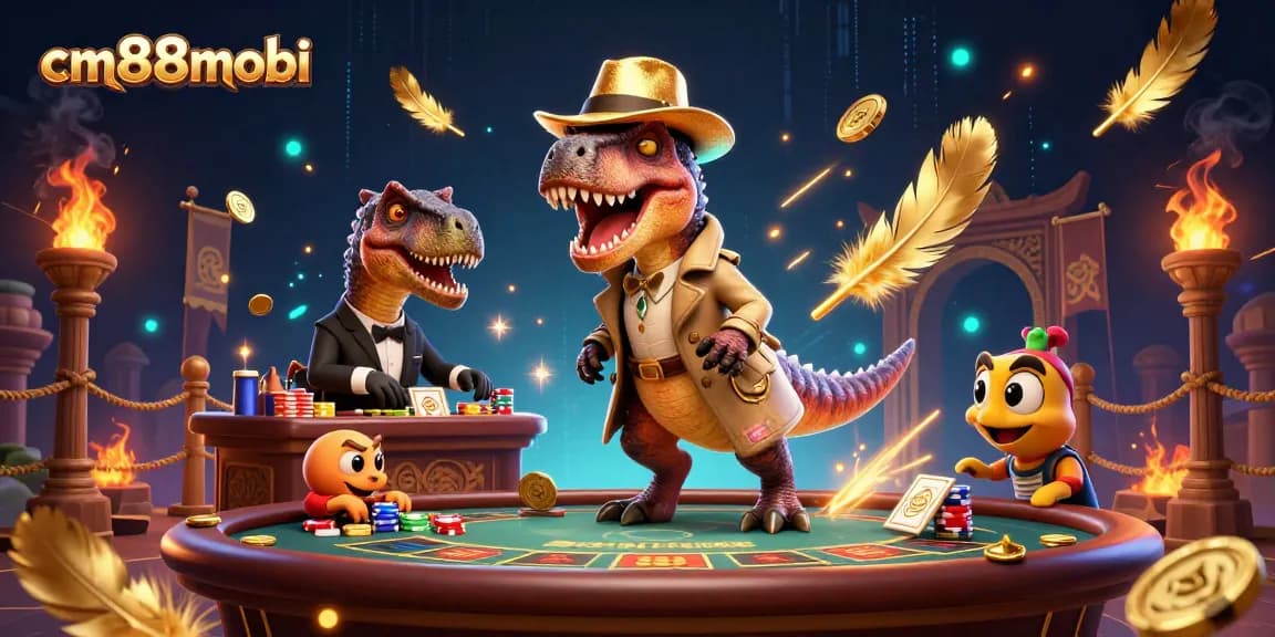 Experience thrilling action at cm88mobi with dino characters sneaking chips at a blackjack table.