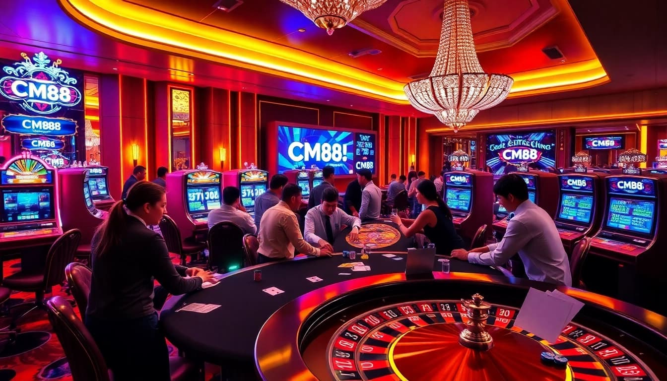 Players enjoying games at CM88 casino with roulette, poker chips, and vibrant slot machines.