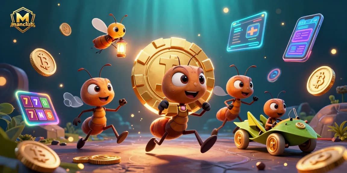 manclub showcases 3D cartoon ants executing a gambling heist with digital assets in a vibrant casino setting