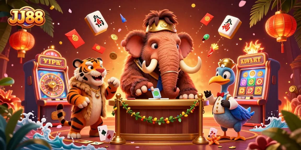 Experience the dazzling excitement of JJ88 with vibrant casino-themed 3D characters and colorful game elements.