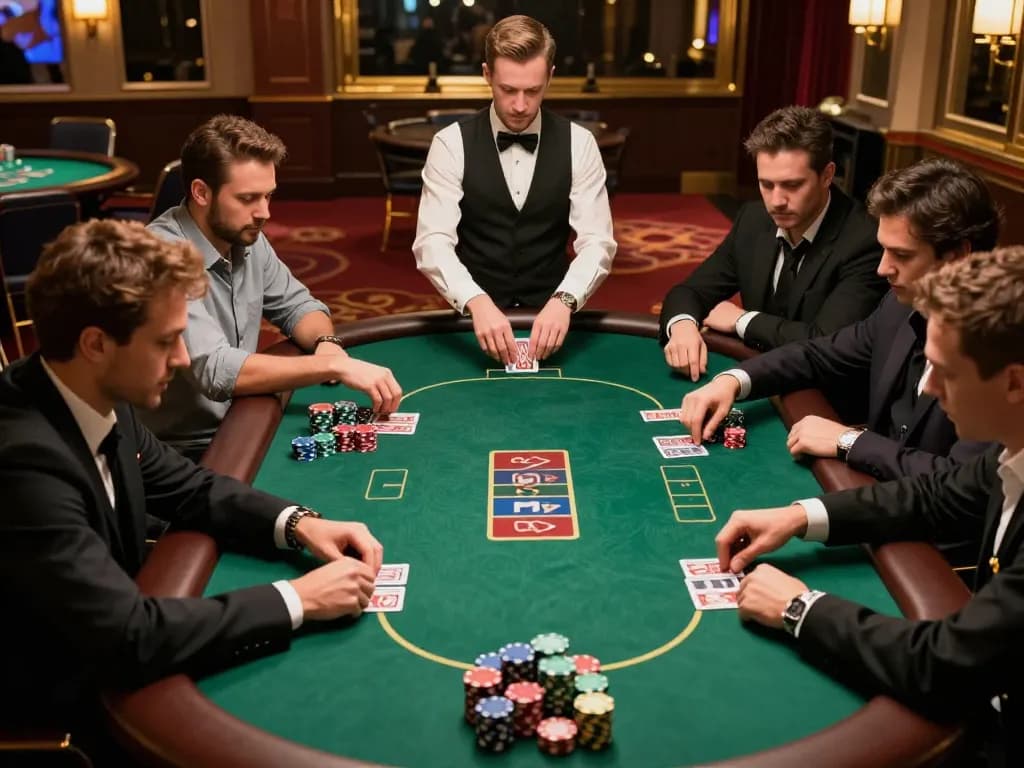 Players engaged in an intense poker game at an upscale casino table, showcasing 9BET action.