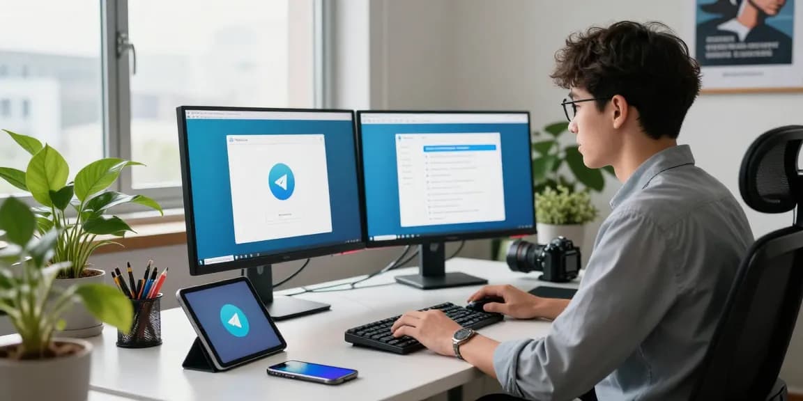 Telegram download showcased on modern workspace with professional using tech gadgets in a bright office setting.