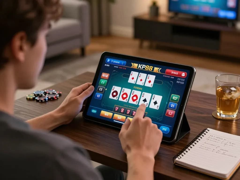 Engaging in a live dealer blackjack game on a tablet with KP88 interface showing betting options.