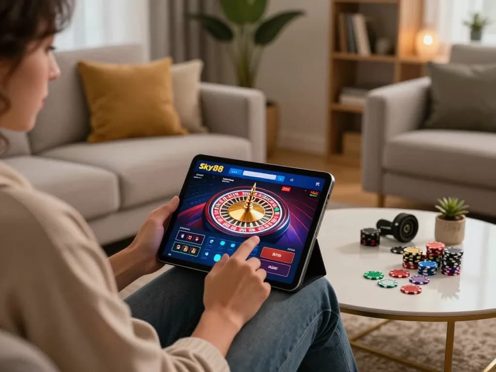 Engaging gaming session on Sky88 platform featuring a person using a tablet for online roulette.