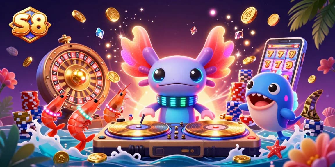 Win big at S 8 with a vibrant scene of a neon DJ, coins, and casino games.