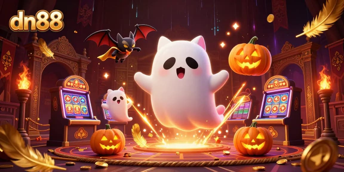 Play exciting games at dn88 online casino featuring a ghost cat and bat companion.