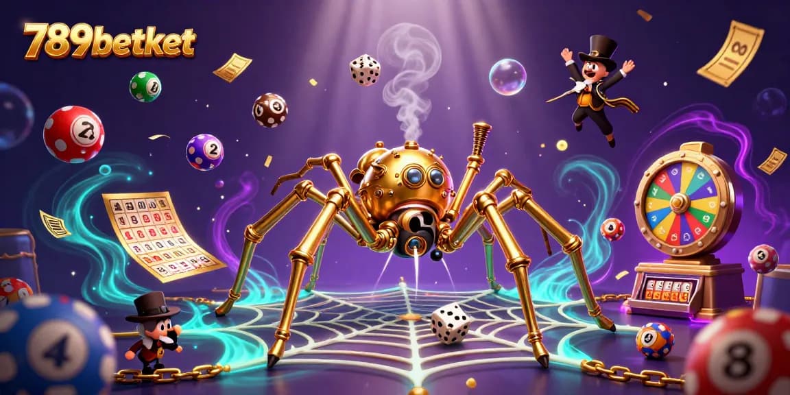 Experience thrilling action in 789betket with a steampunk spider and colorful gambling elements.