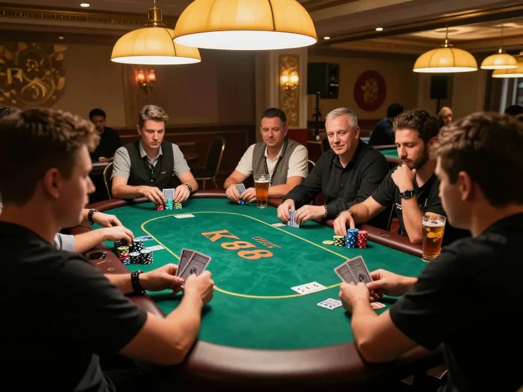 KP88 players strategizing over a busy poker table, showcasing the thrill of live casino gaming.