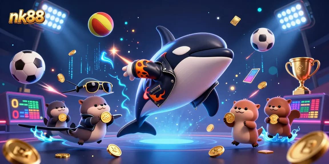 Engage in thrilling gameplay on nk88 with a vibrant scene highlighting sports elements, orca, and sea otters.
