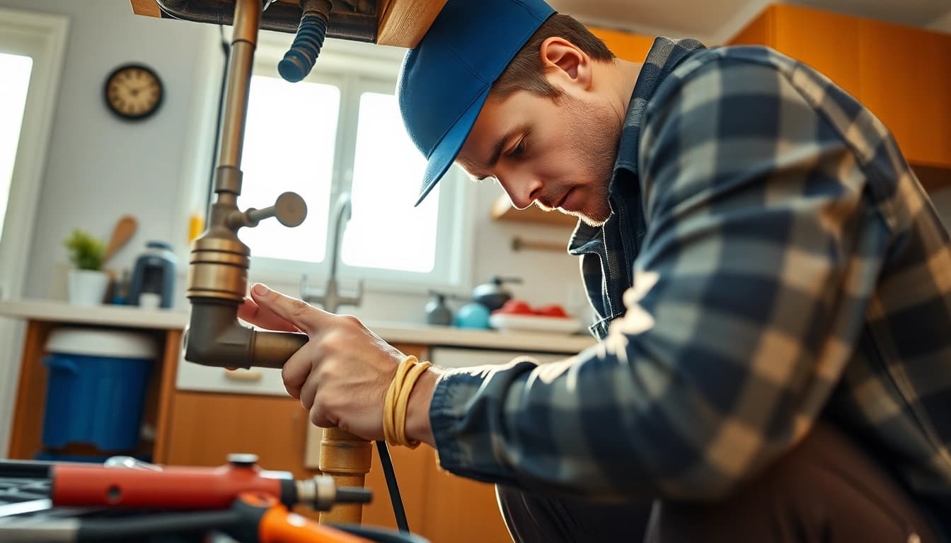 Qualified plumbers north vancouver fixing a pipe under a kitchen sink with bright natural light.