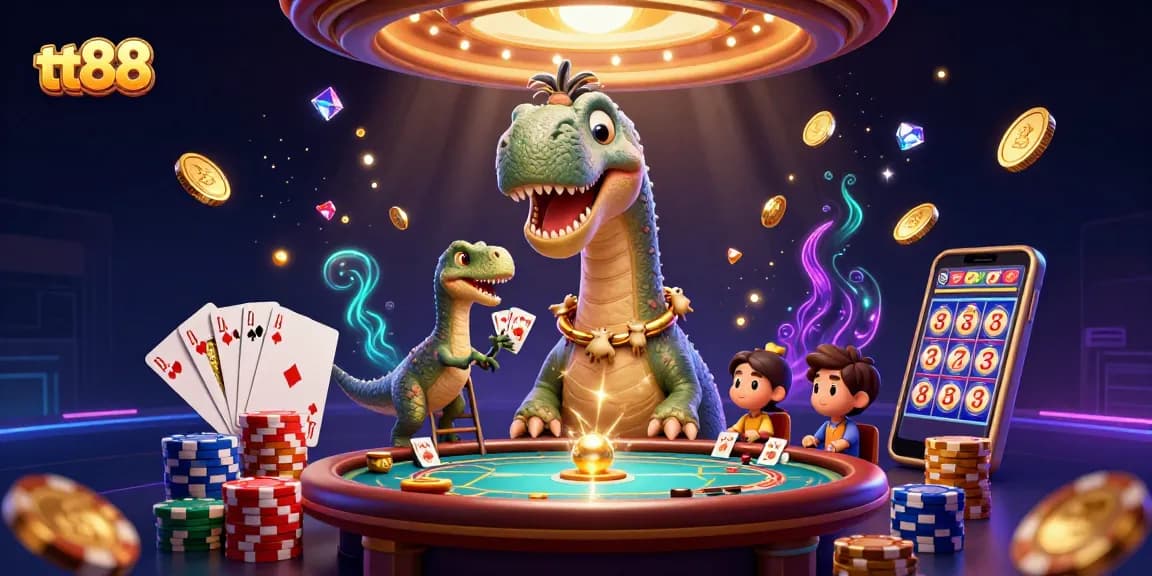tt88 casino adventure features a giant brontosaurus and raptor dealer amidst a vibrant gaming scene.