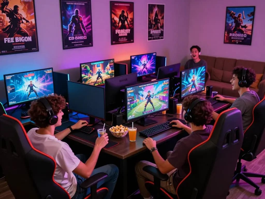 Friends playing free porn games in a modern gaming lounge with vibrant lighting.