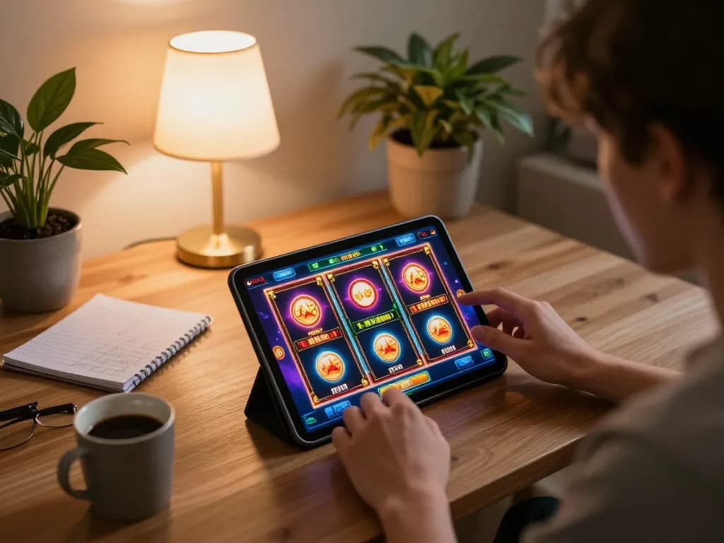 Player enjoying slots on Bet88 tablet with vibrant graphics in a cozy home setting.