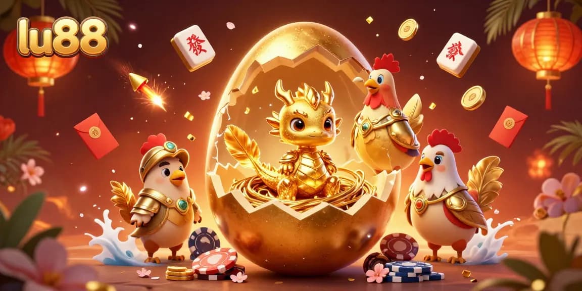 Engage with lu88's vibrant online casino atmosphere, showcasing golden dragon treasures amidst a lively gaming scene.