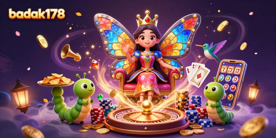 Experience thrilling wins with badak178 as cascading coins and colorful gems surround a enchanting casino scene.