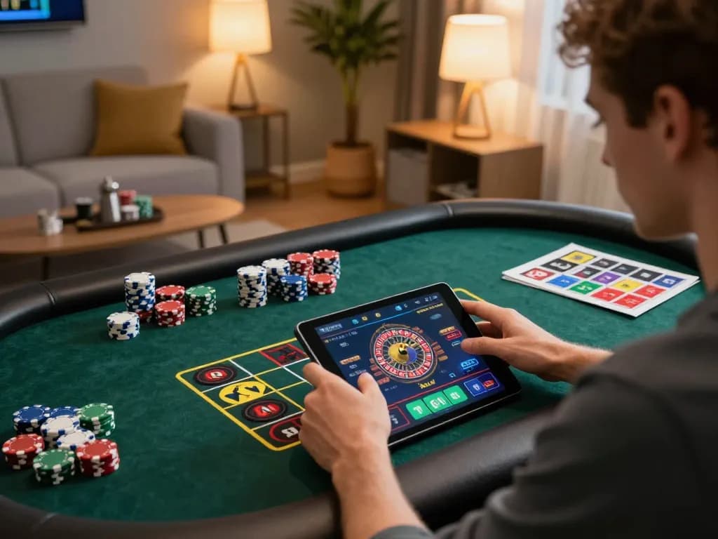 Experience link vào MM88 by playing exciting roulette on a cozy tablet setup in a stylish home